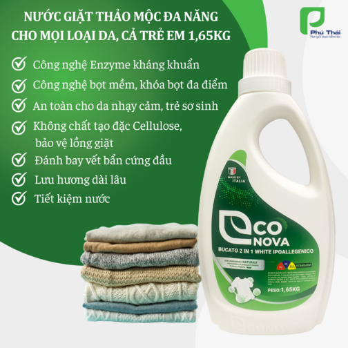 Nước giặt thảo mộc đa năng dành cho mọi loại da & trẻ nhỏ Econova- Bucato 2 in 1 White Ipoallegenico 1.65 kg